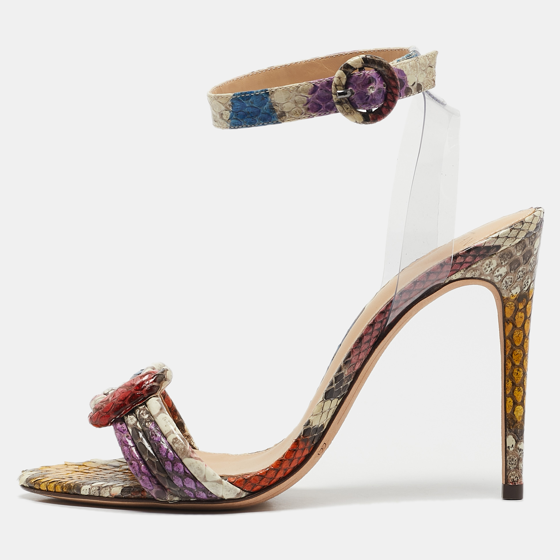 

Alexandre Birman Multicolor PVC and Python Embossed Leather Ankle Strap Sandals Size