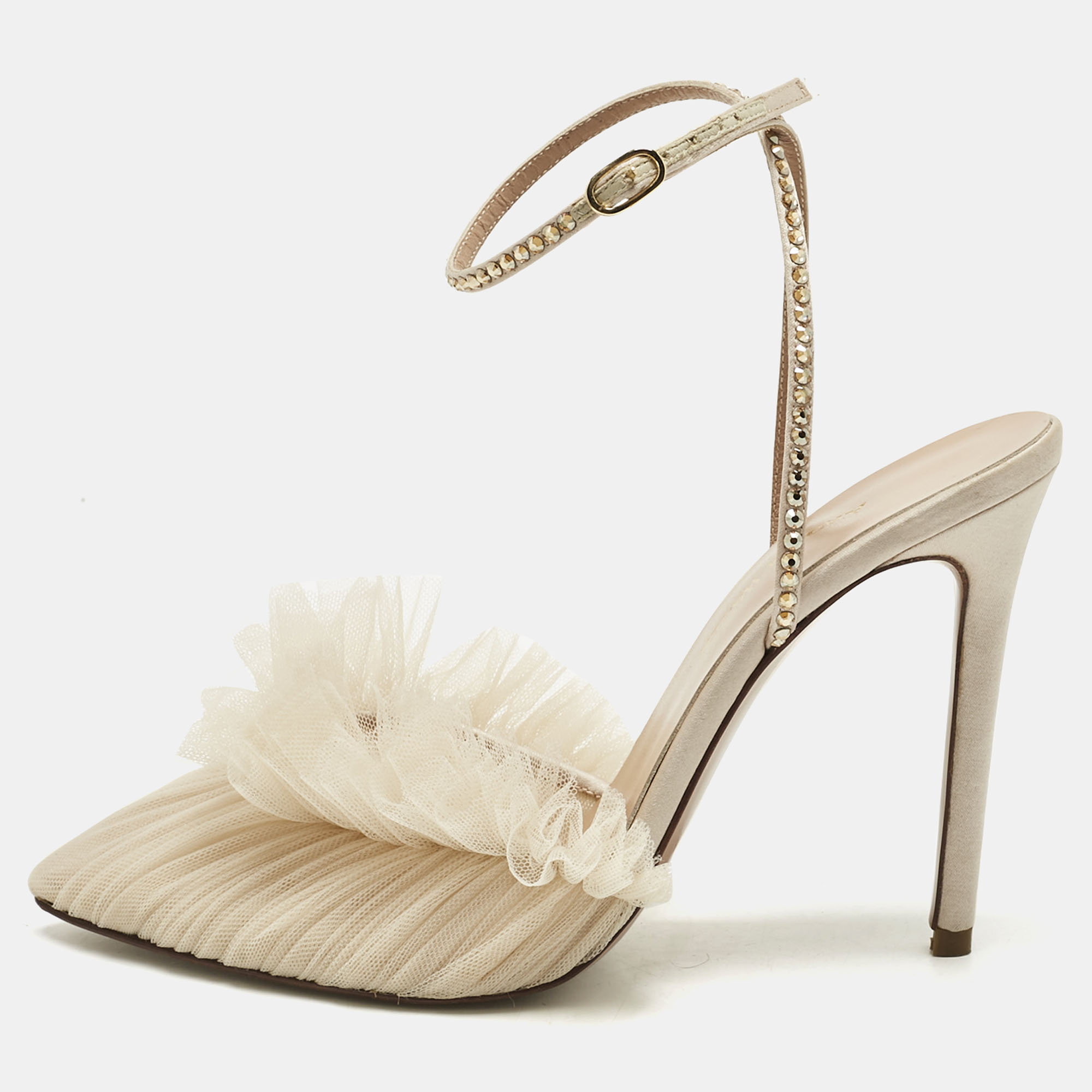 Pre-owned Alexandre Birman Beige Lace And Satin Kaya Pumps Size 40 In Sand