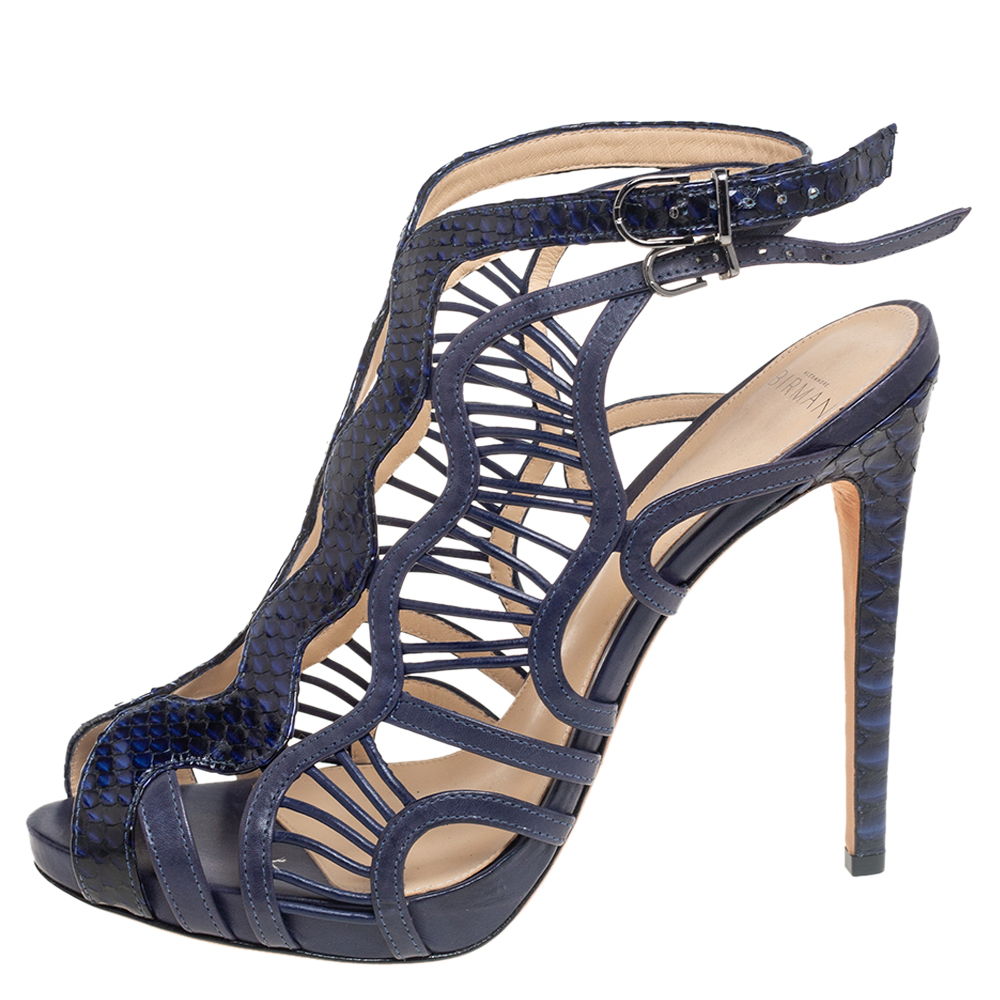 

Alexandre Birman Blue Python Leather Caged Zipper Sandals Size