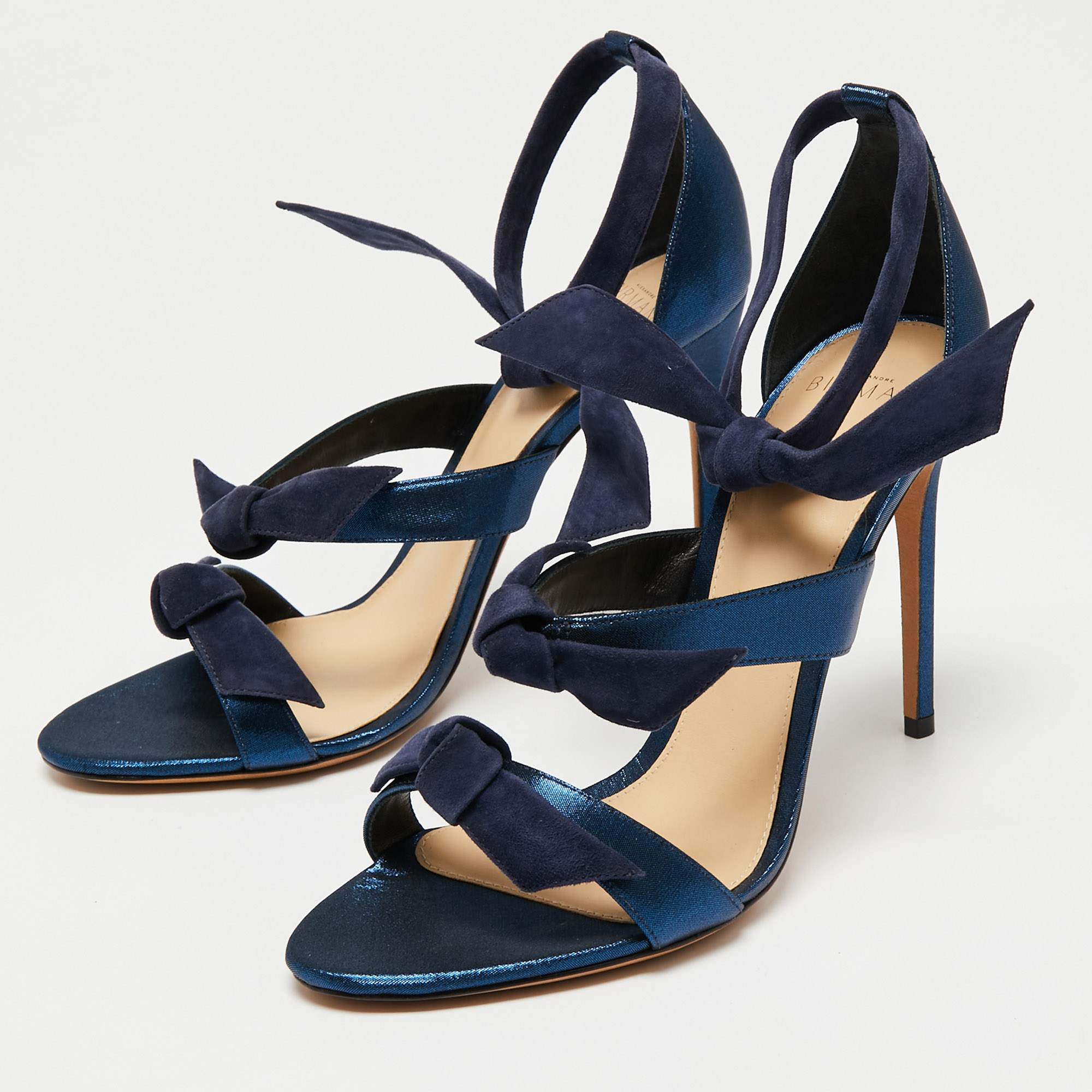 

Alexandre Birman Navy Blue Glitter Fabric and Suede Gianna Three Bow Ankle Tie Sandals Size