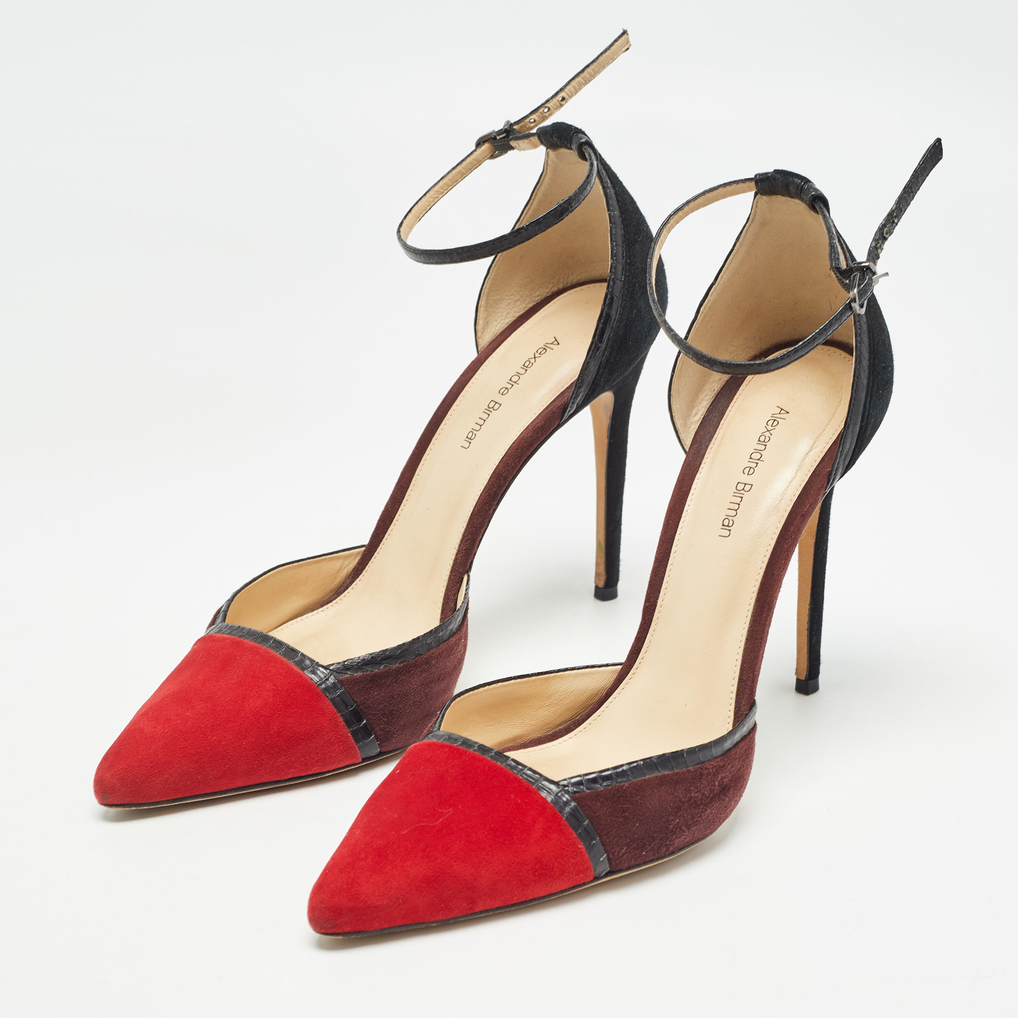 Alexandre Birman Multicolor Suede and Python Ankle Strap Pumps Size 39 