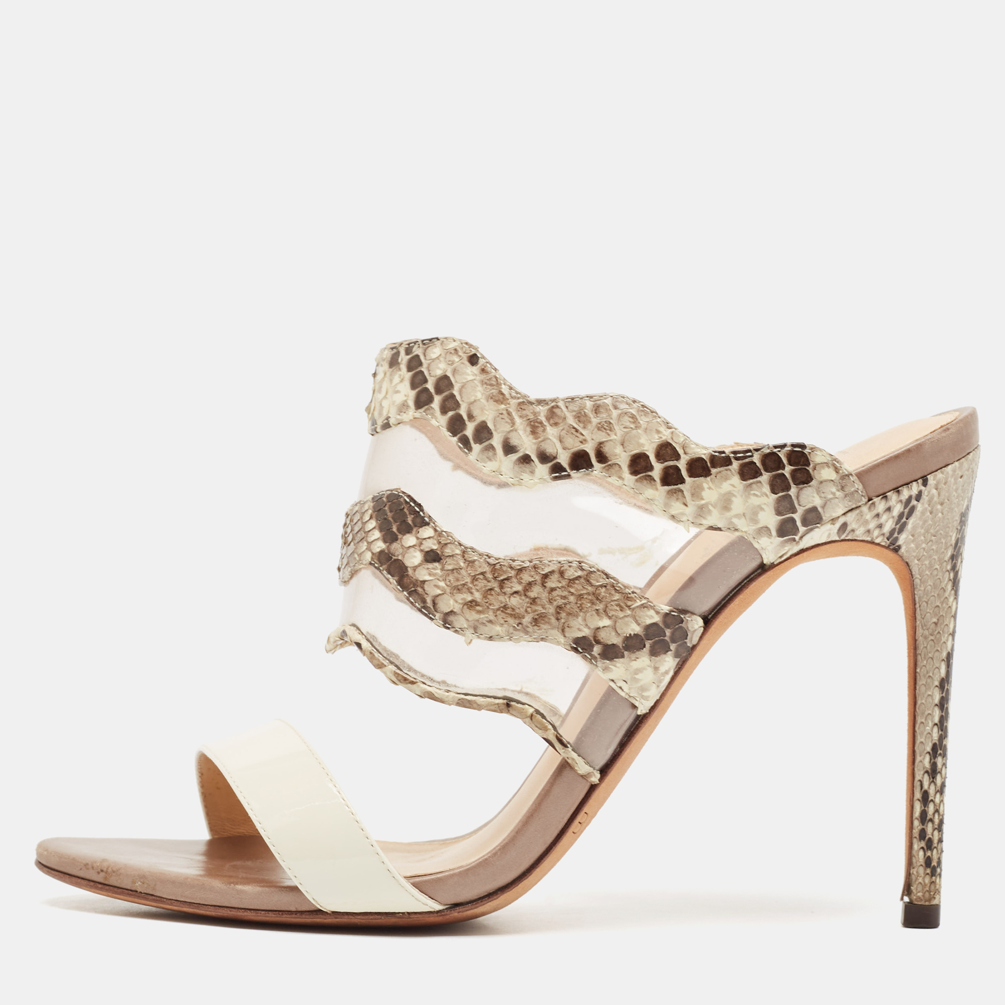 

Alexandre Birman Beige/Brown Patent Leather And Python Open Toe Slide Sandals Size, Grey