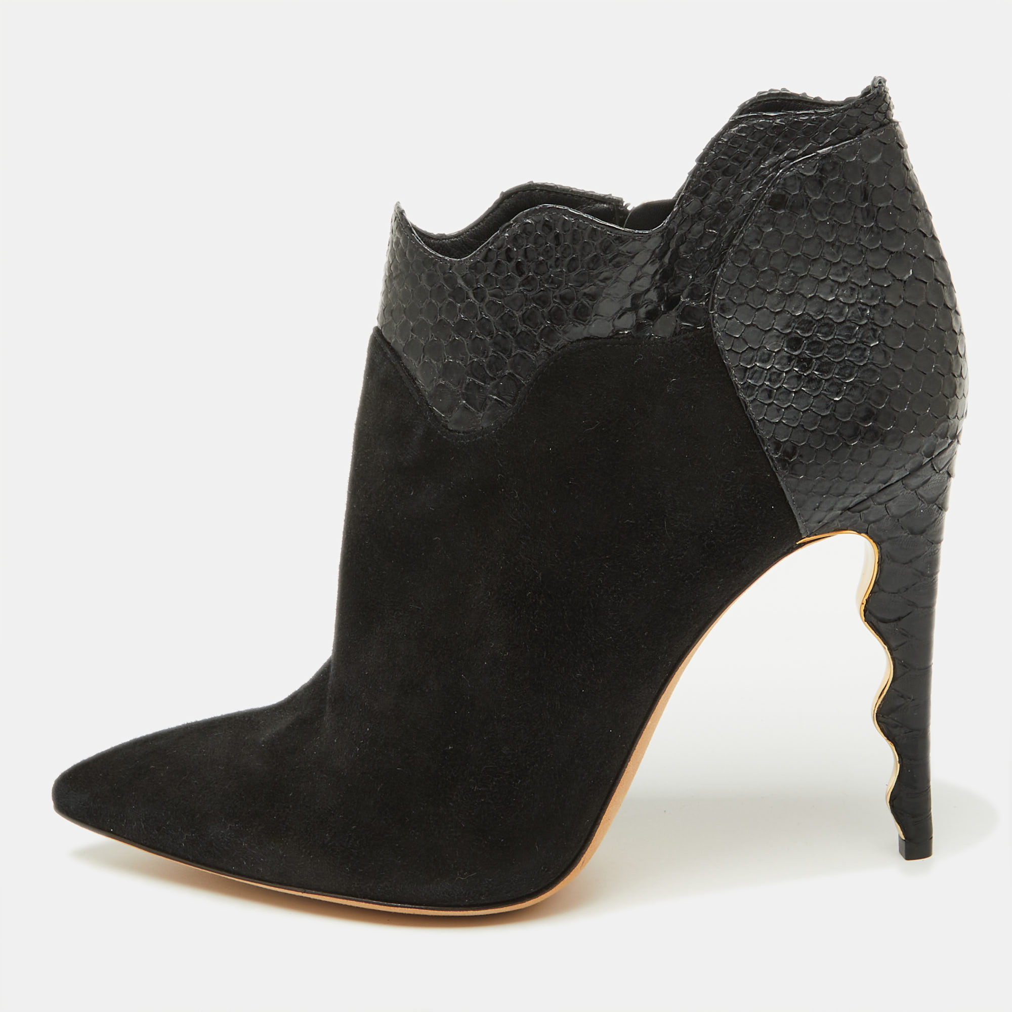 

Alexander Birman Black Suede and Python Pointed Toe Ankle Booties Size