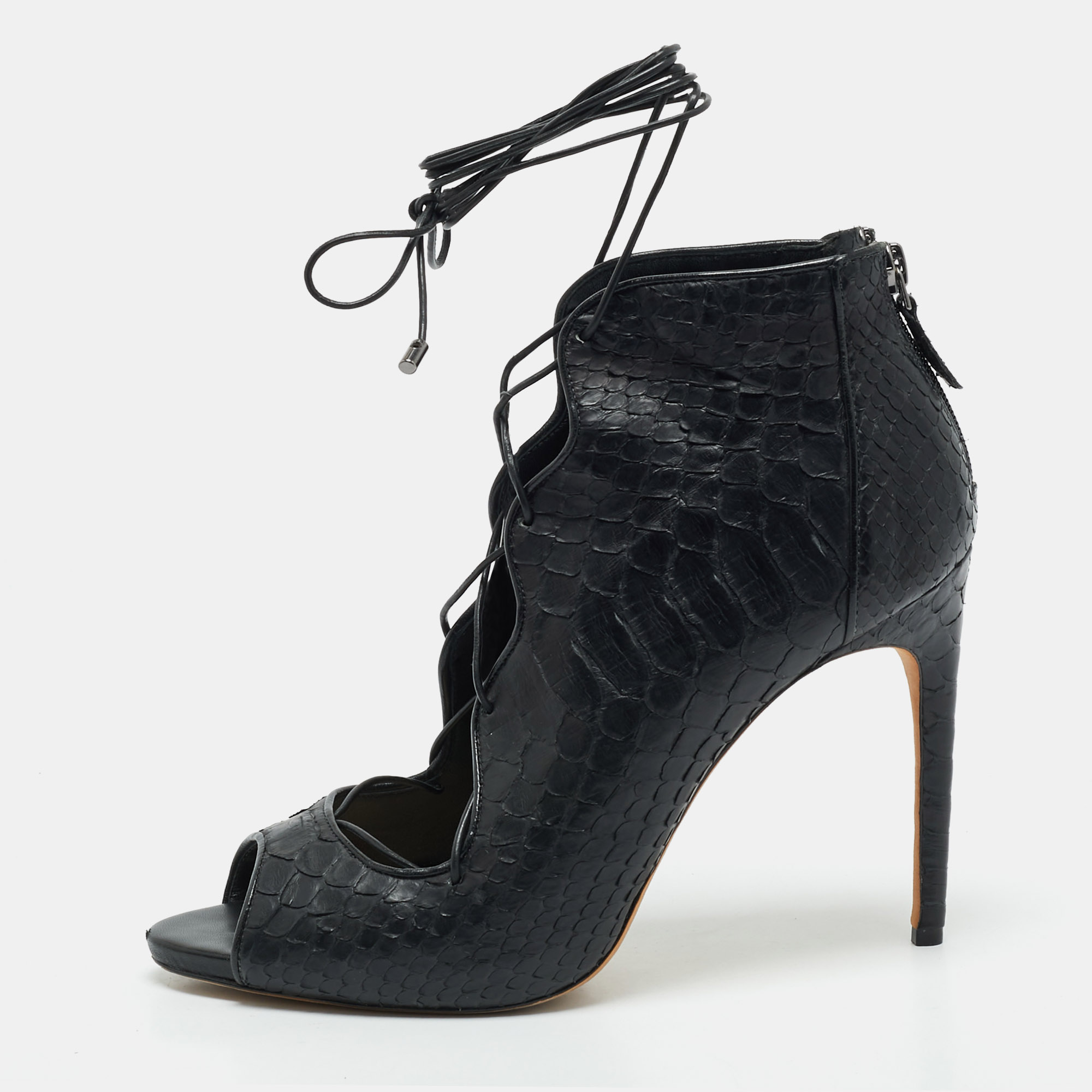 

Alexandre Birman Black Python Leather Peep Toe Lace Up Pumps Size