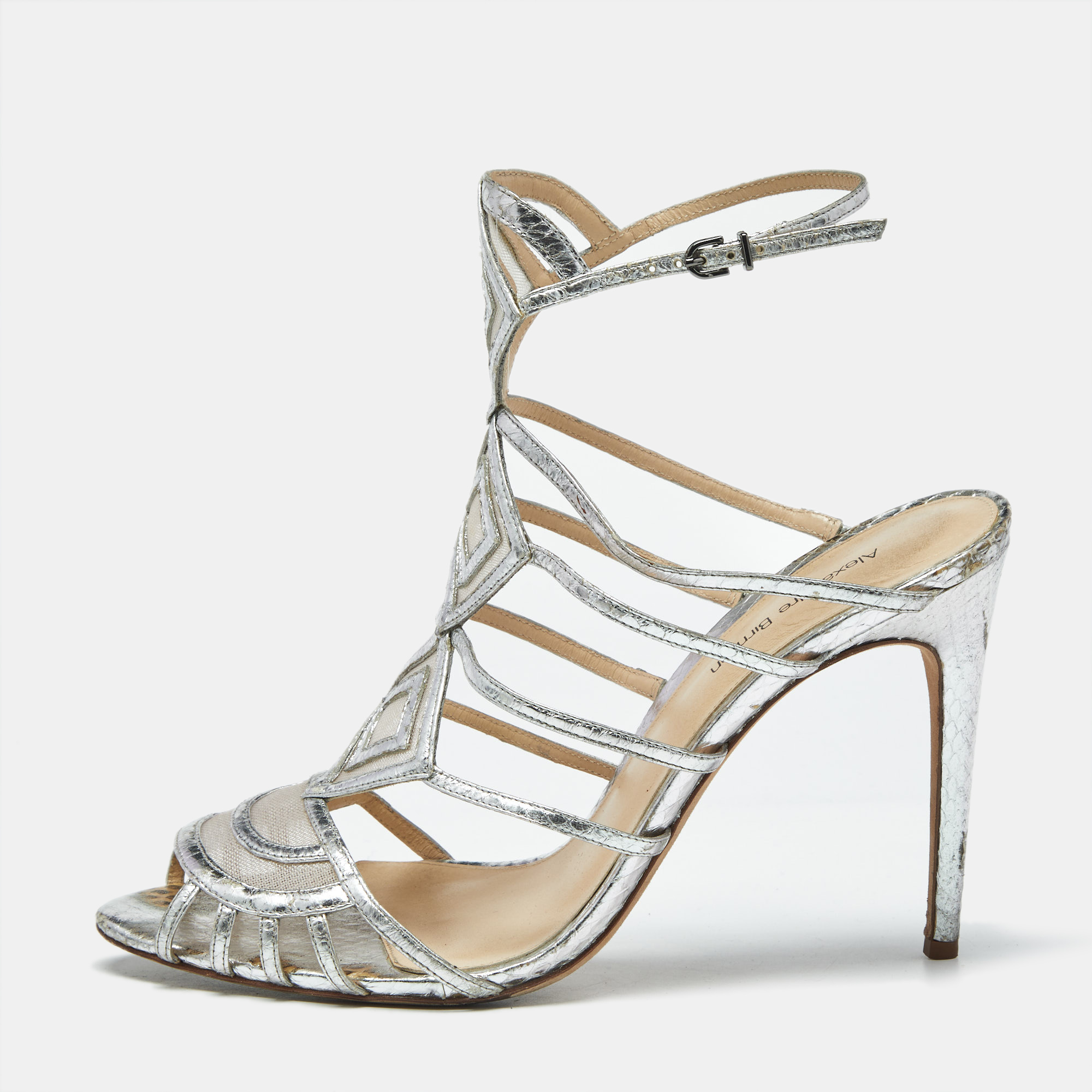 Pre-owned Alexandre Birman Silver Snakeskin Embossed Leather Caged Ankle Wrap Sandals Size 41