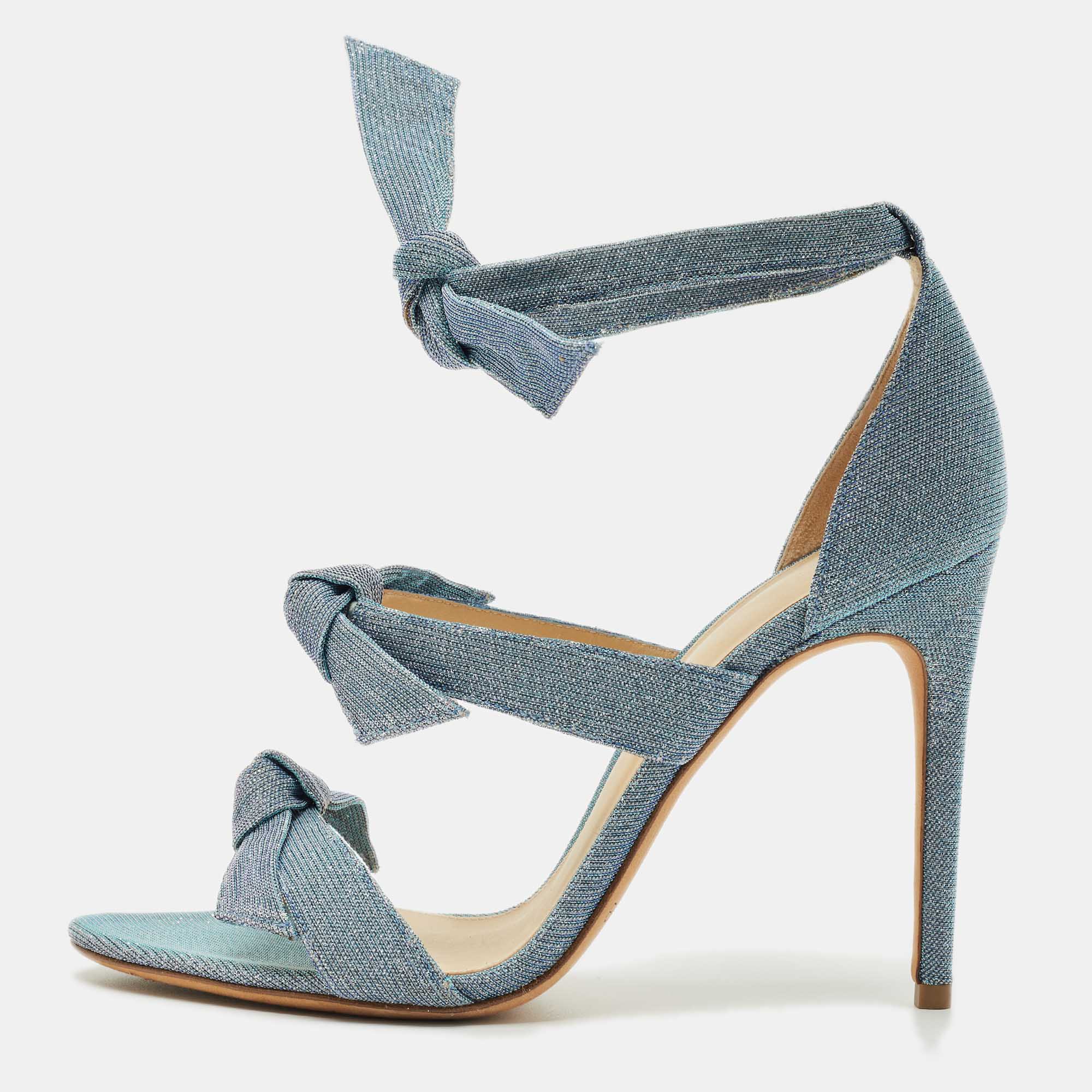 Pre-owned Alexandre Birman Blue Metallic Lurex Fabric Lolita Knot Ankle Strap Sandals Size 39