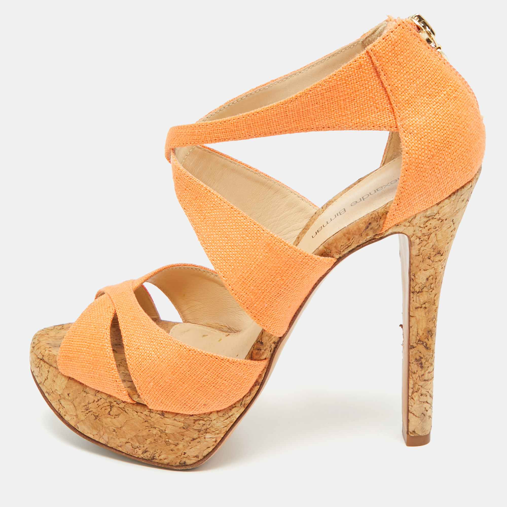 Pre-owned Alexandre Birman Size 37 Orange Canvas Cork Platform Ankle Strap Sandals