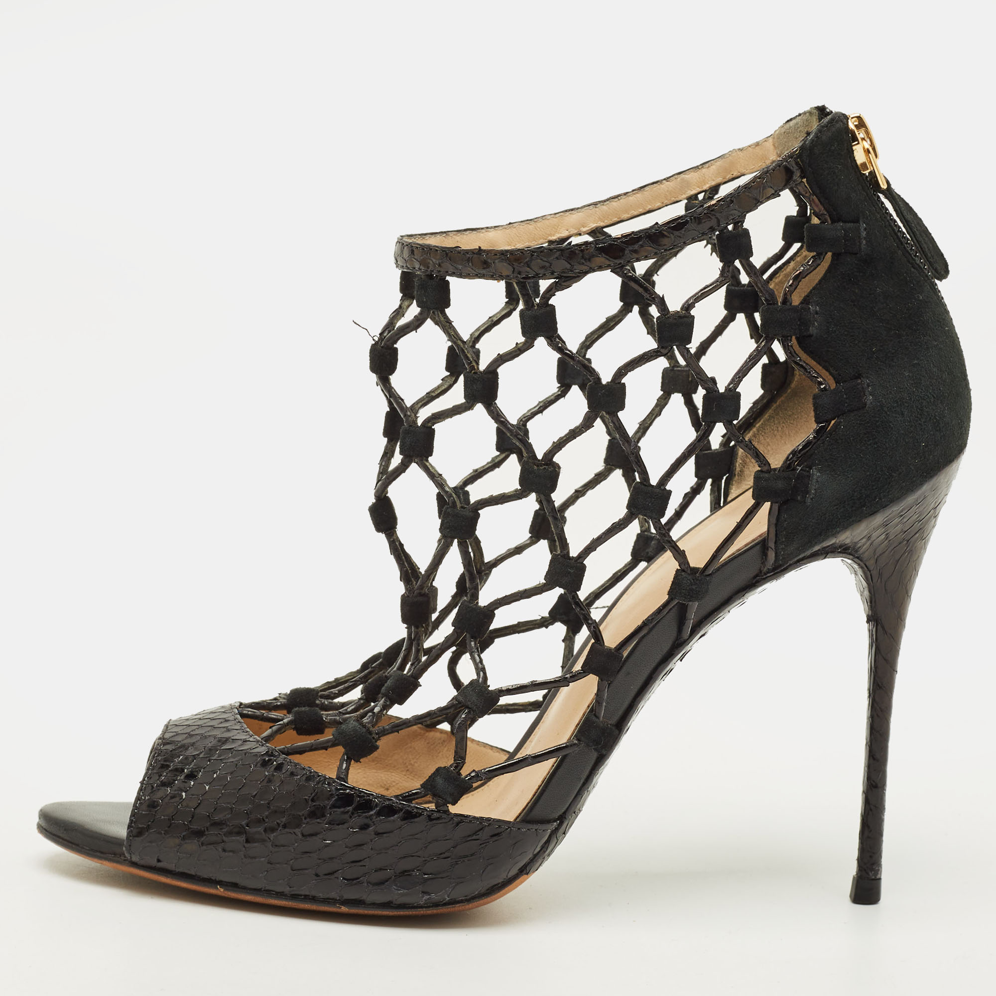 Alexandre Birman Size 38.5 Black Python Leather and Suede Gladiator Sandals