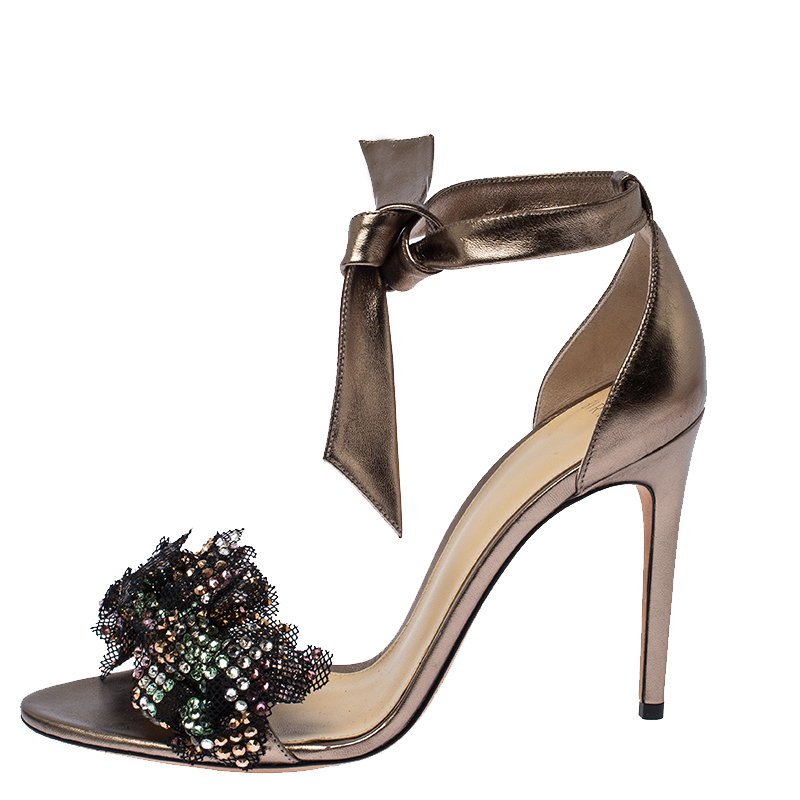 

Alexander Birman Bronze Patent Leather and Mesh Clarita Show Embellished Ankle Tie Sandals Size, Brown