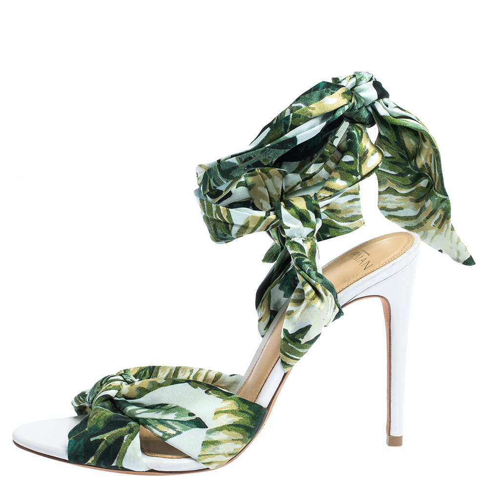 

Alexandre Birman Multicolor Leaf Print Fabric Kacey Knot Detail Ankle Wrap Sandals Size