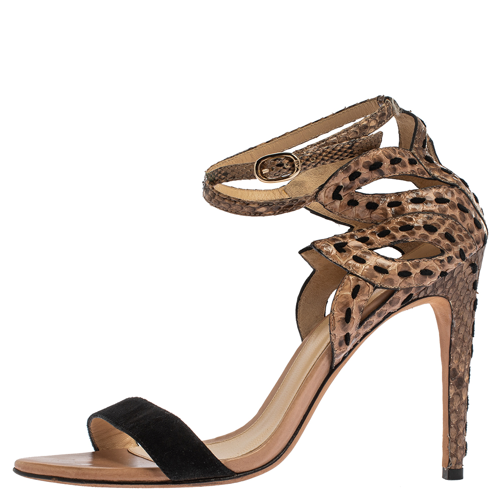 

Alexandre Birman Brown Python And Black Suede Leather Ankle Strap Sandals Size