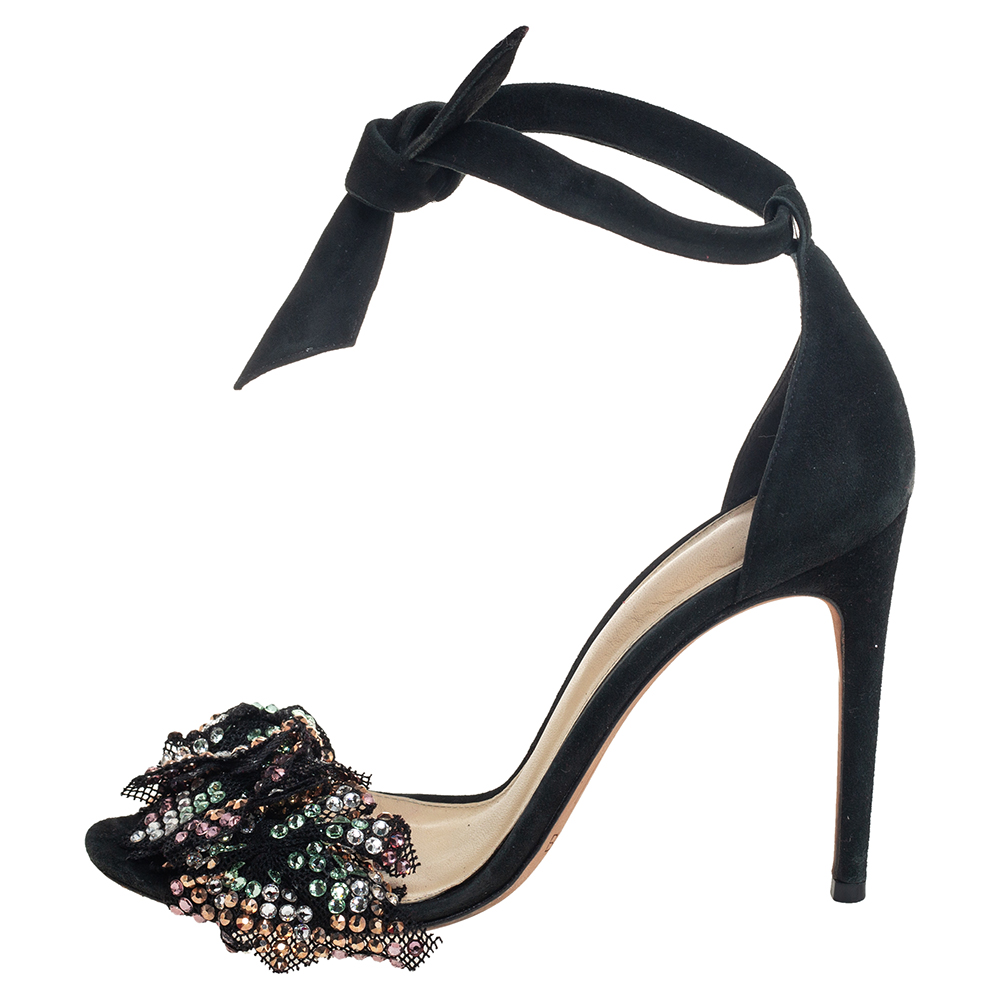 

Alexandre Birman Black Suede and Mesh Clarita Embellished Ankle Tie Sandals Size