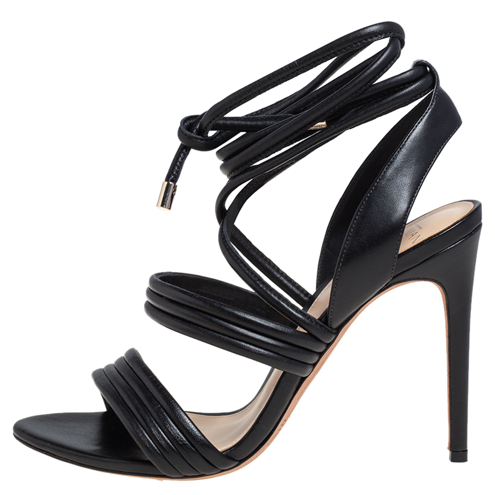 

Alexandre Birman Black Leather Aurora Ankle Wrap Sandals Size