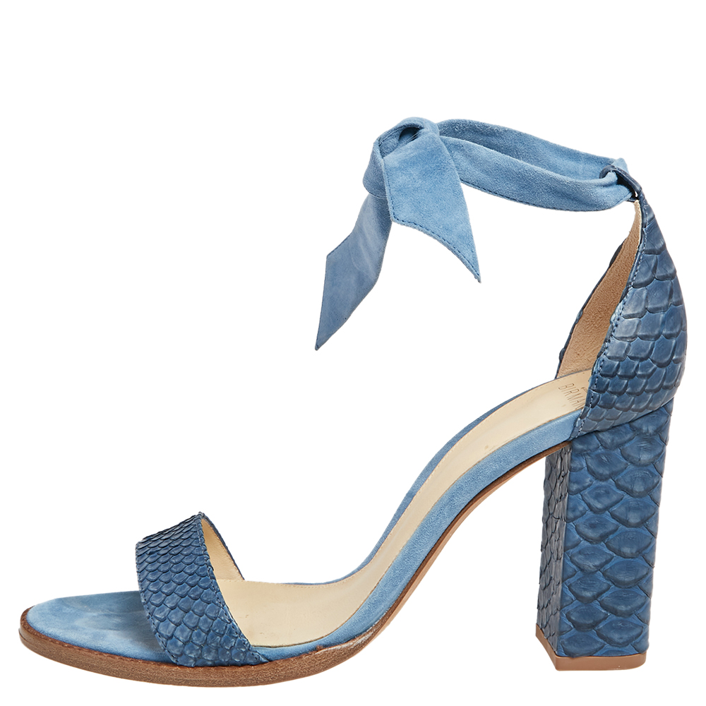 

Alexandre Birman Blue Suede, Python Embossed Leather Ankle Wrap Sandals Size