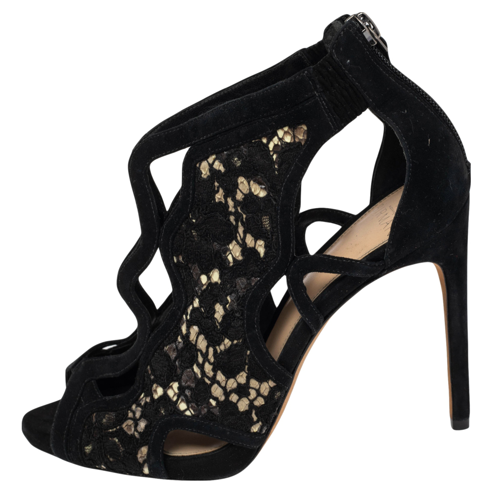 

Alexandre Birman Black Suede and Python Embossed Leather Caged Sandals Size