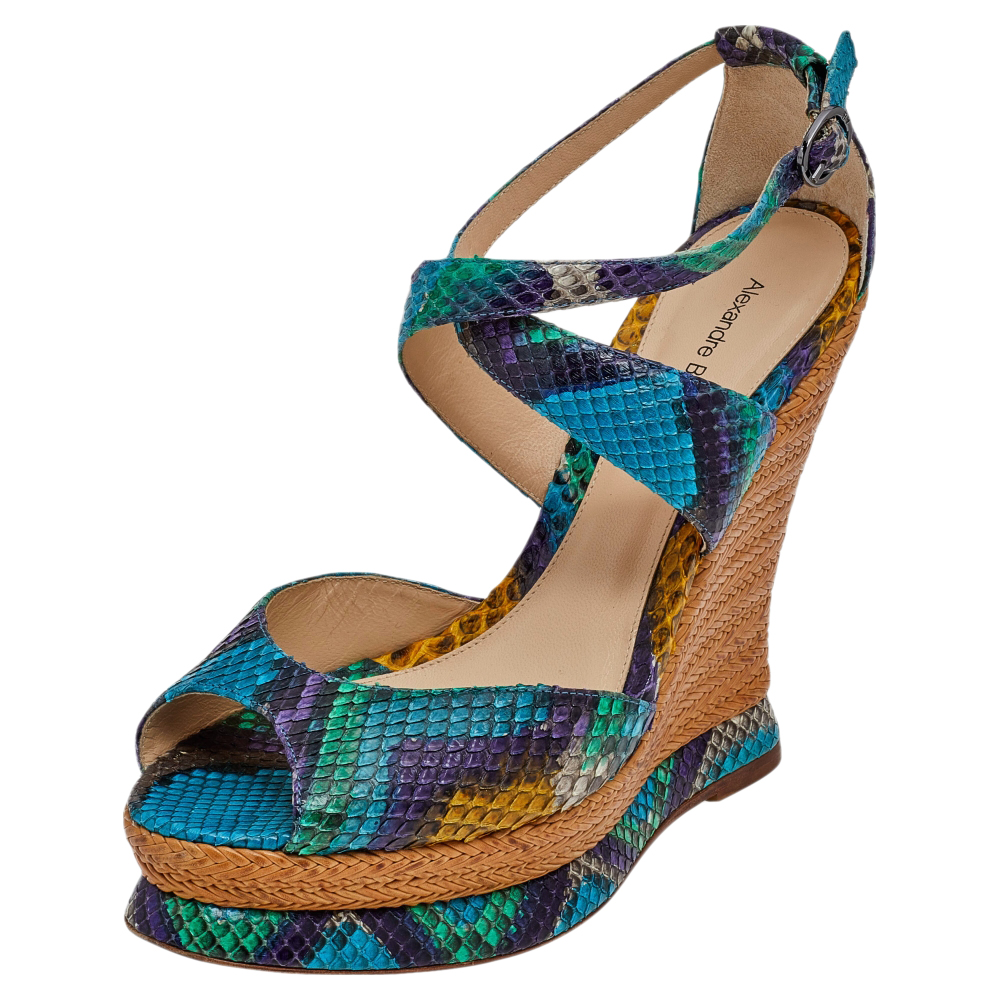 

Alexandre Birman Multicolor Python Wedge Platform Ankle Strap Sandals Size 39.5