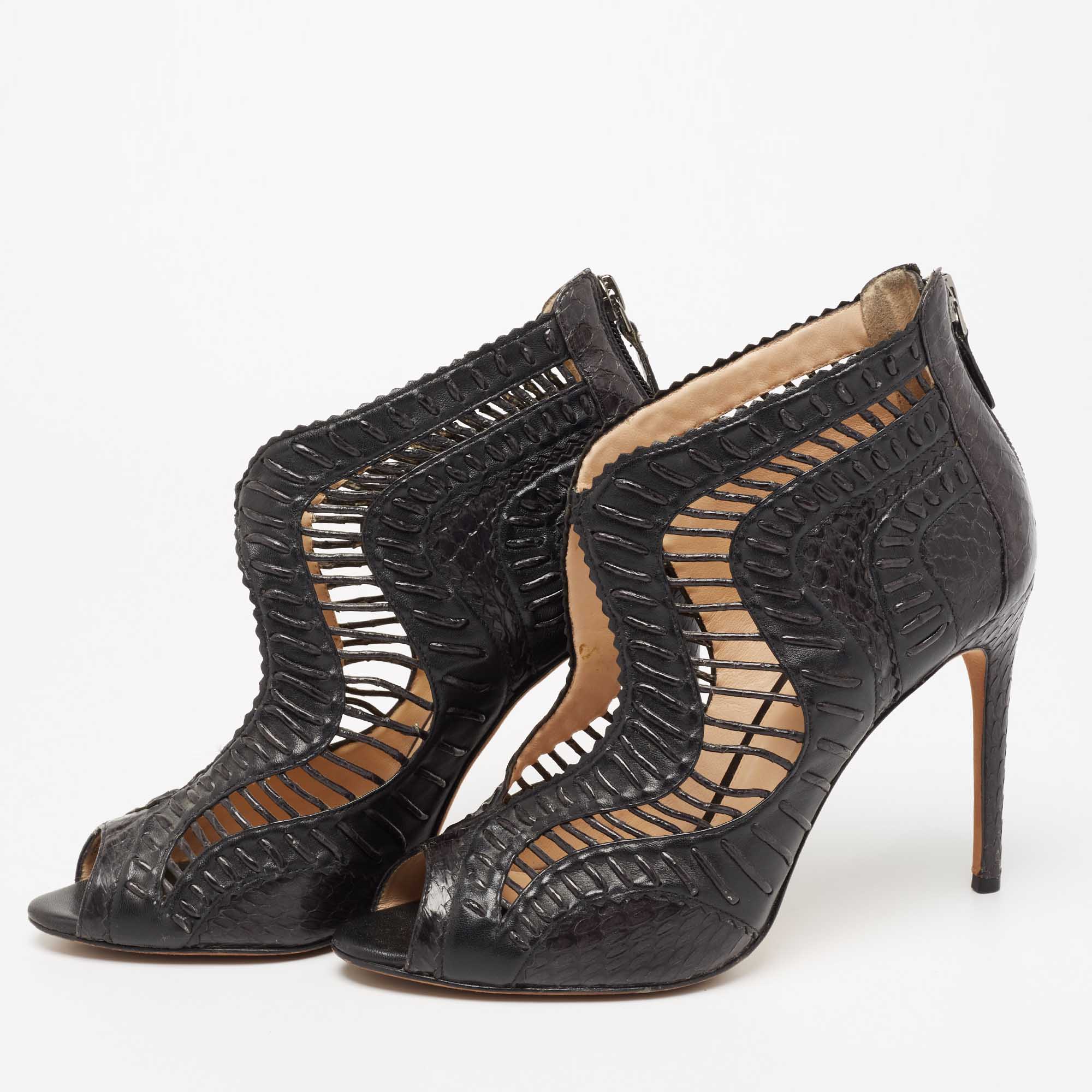 

Alexandre Birman Black Python and Leather Caged Peep-Toe Booties Size
