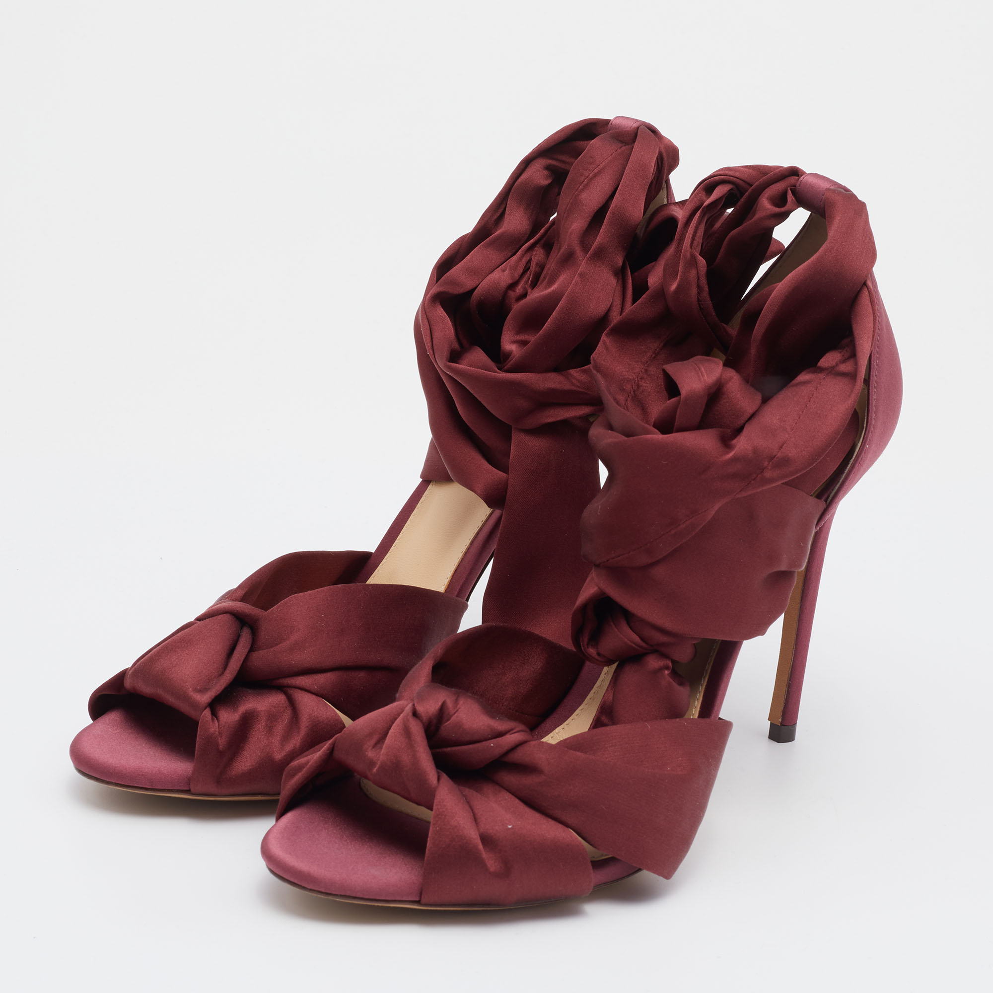 

Alexandre Birman Burgundy Satin Katherine Ankle Wrap Sandals Size