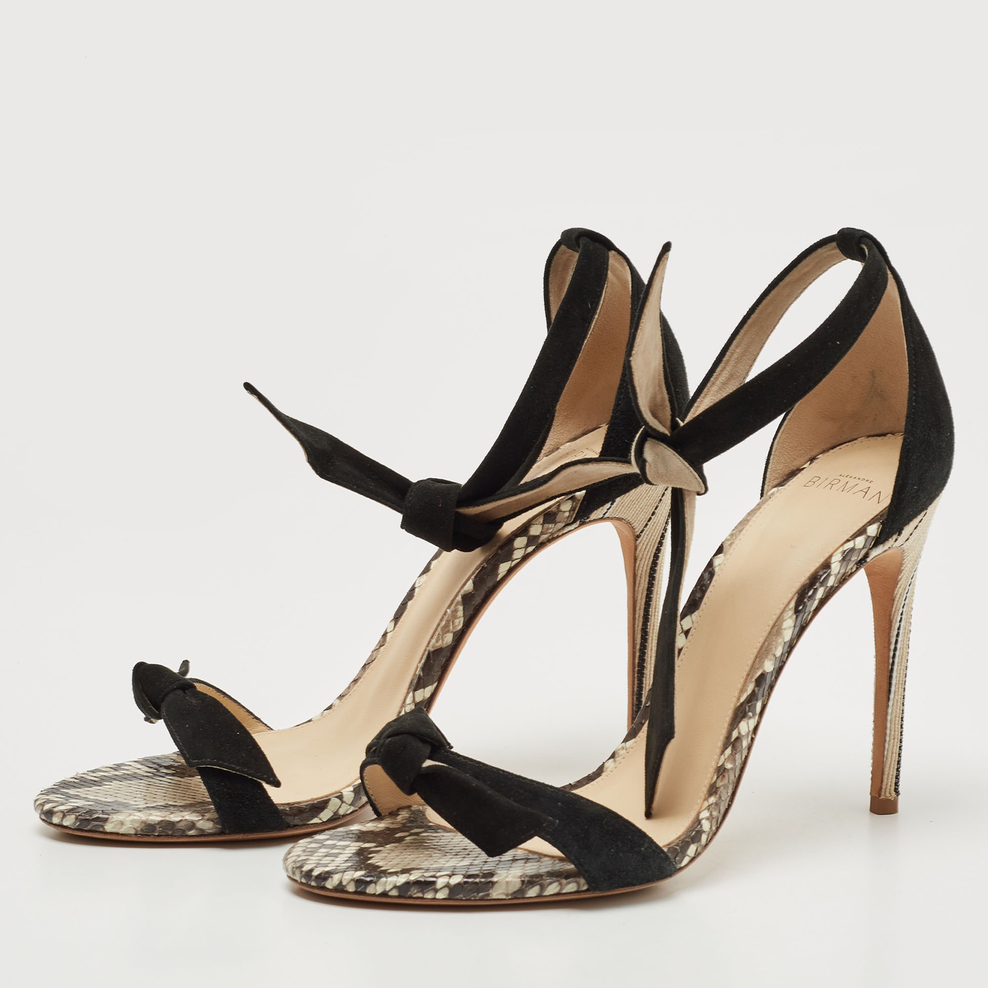 

Alexandre Birman Black Suede and Python Leather Clarita Ankle Wrap Sandals Size, Brown