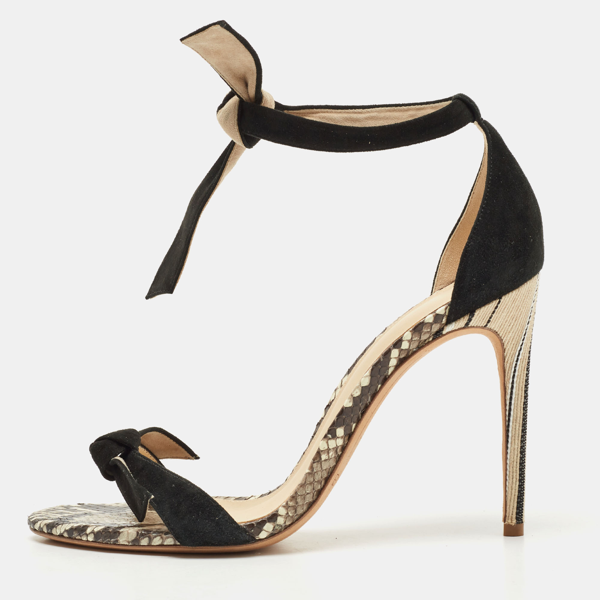 Pre-owned Alexandre Birman Black Suede And Python Leather Clarita Ankle Wrap Sandals Size 37.5 In Brown