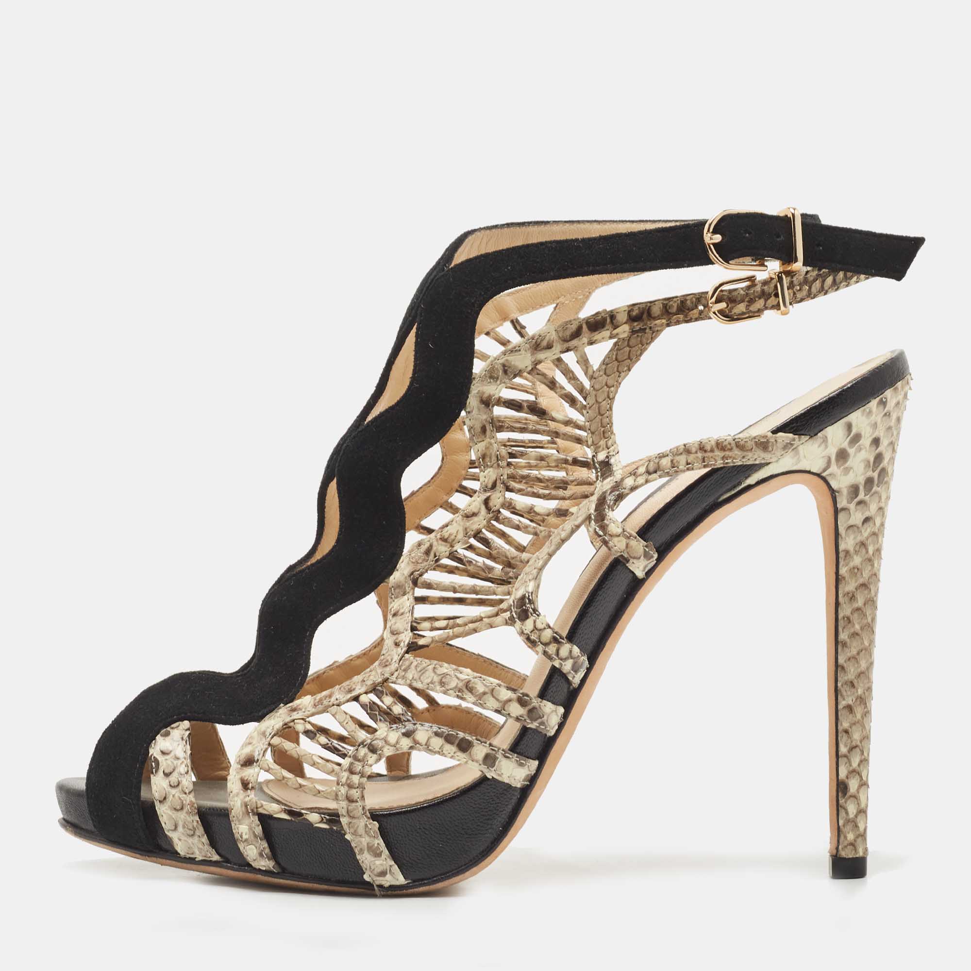 

Alexandre Birman Black Suede and Python Leather Cut Out Slingback Sandals Size