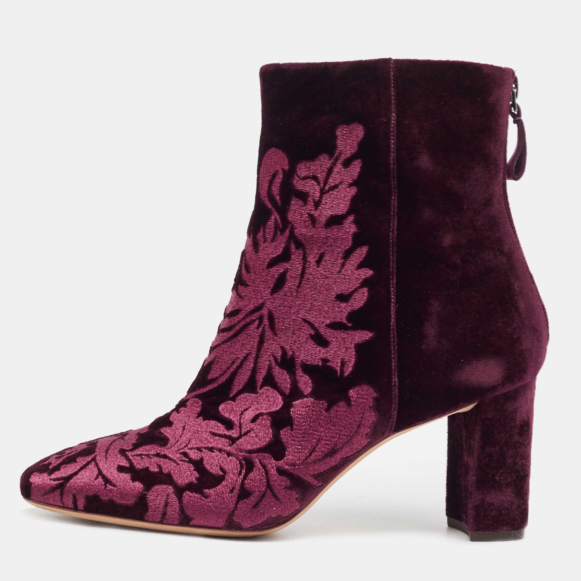 Pre-owned Alexandre Birman Burgundy Floral Velvet Block Heel Ankle Boots Size 41