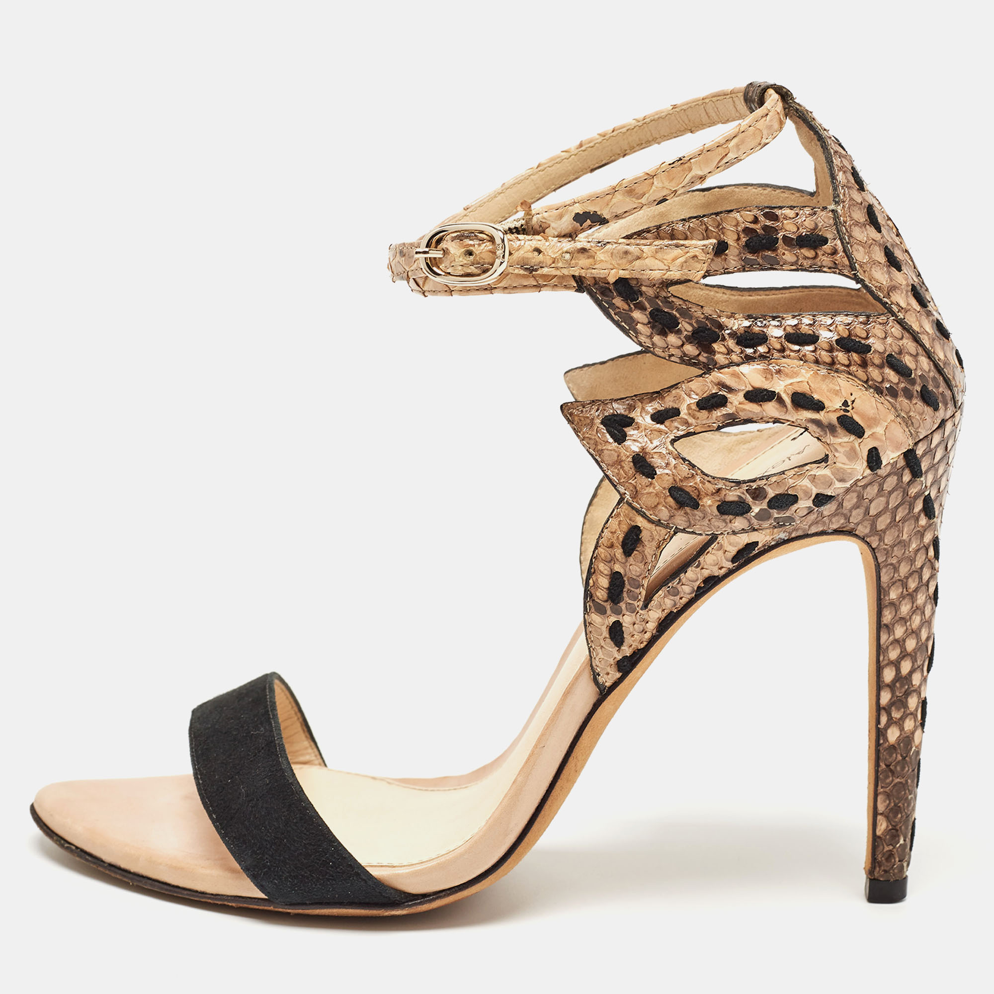 Pre-owned Alexandre Birman Tricolor Suede And Python Cut Out Ankle Strap Sandals Size 36.5 In Brown