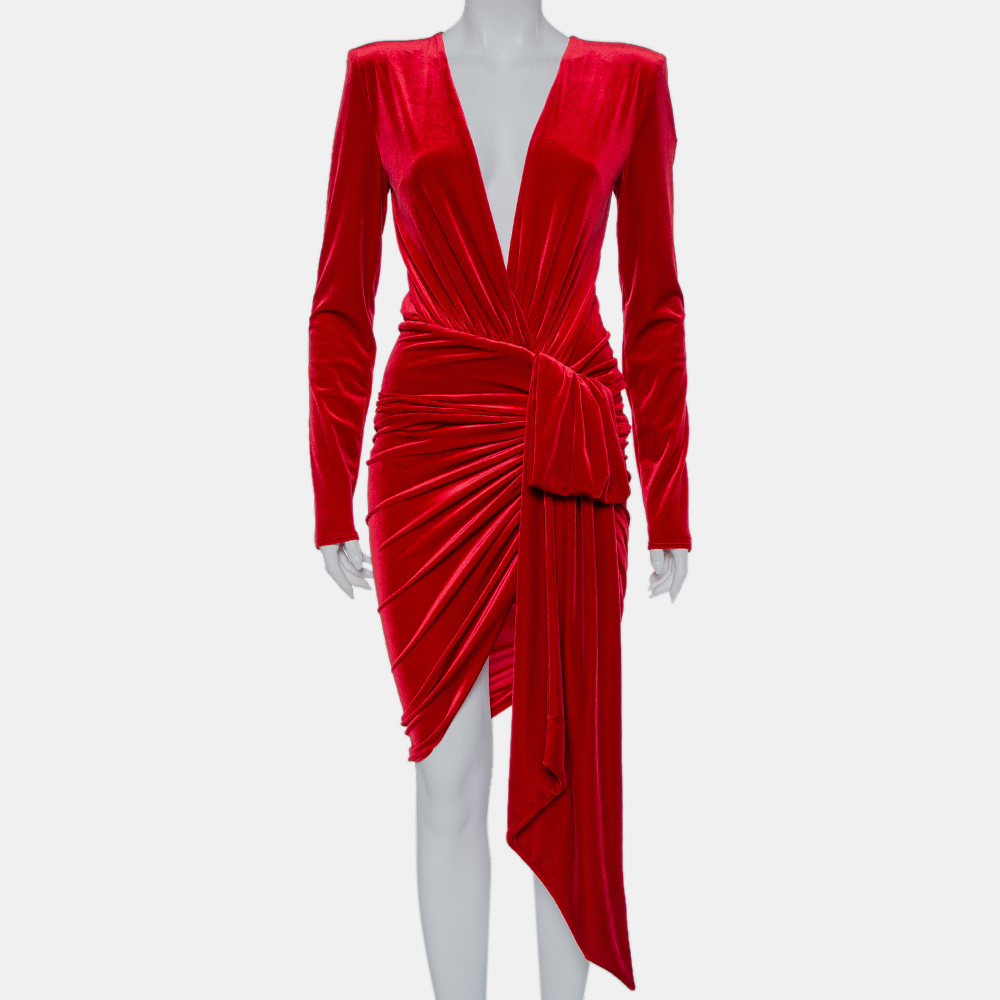 Pre-owned Alexandre Vauthier Red Velvet Plunge Neck Faux Wrap Mini Dress S