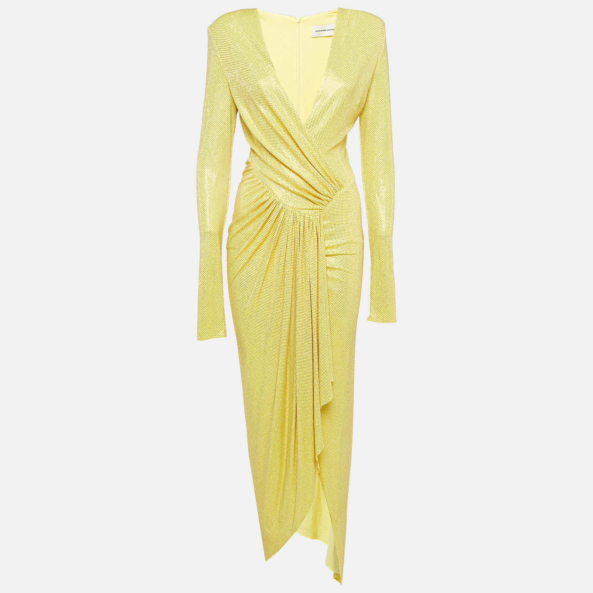 

Alexandre Vauthier Yellow Studded Jersey Plunged Maxi Dress S