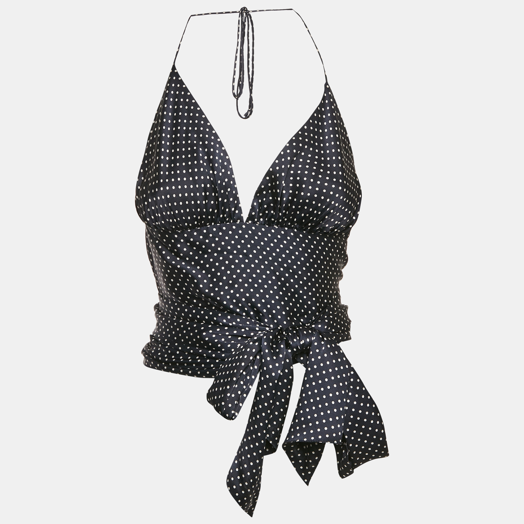 

Alexandre Vauthier Navy Blue Polka Dots Satin Wrap Crop Top S