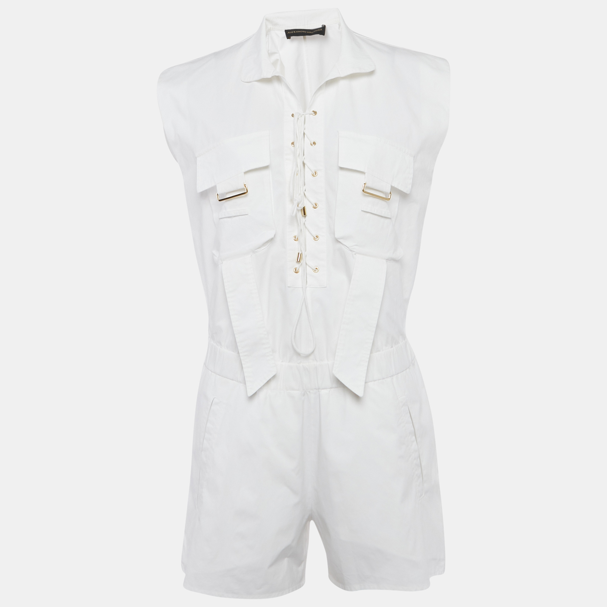 Pre-owned Alexandre Vauthier White Cotton Criss Cross Tie-up Detail Playsuit Xs