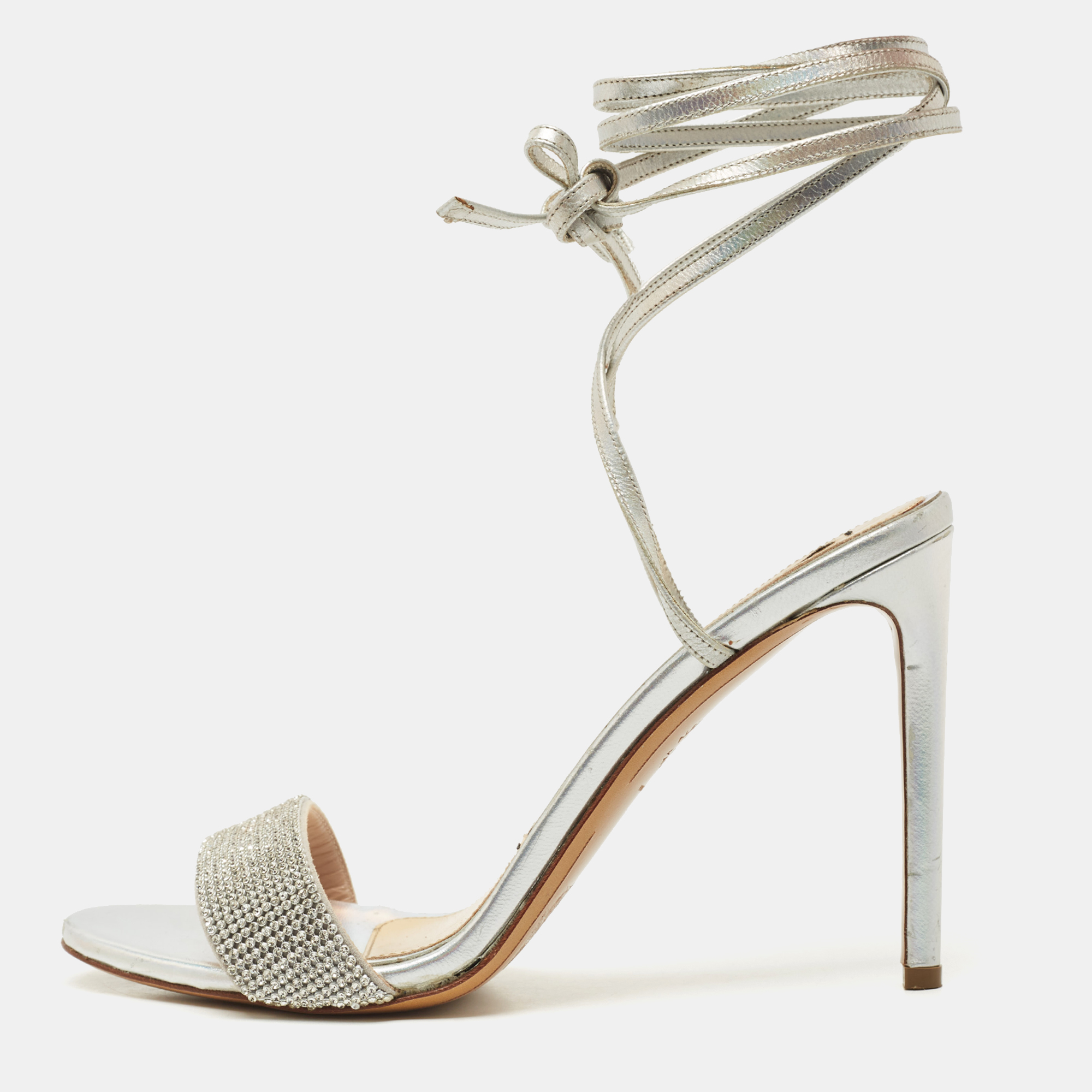 Pre-owned Alexandre Vauthier Silver Leather Crystal Embellished Ankle Wrap Sandals Size 39