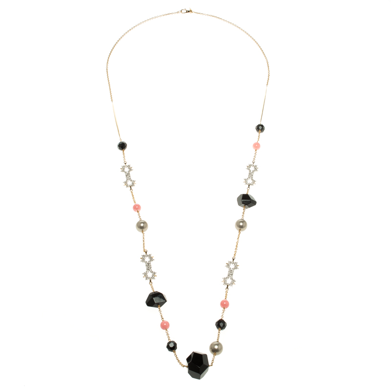 Alexis Bittar Bead & Crystal Gold Tone Long Station Necklace 