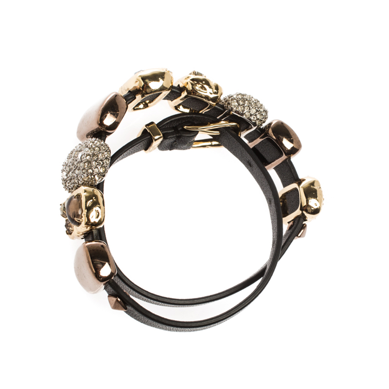 

Alexis Bittar Crystal Embellished Three Tone Metal Black Leather Bracelet, Gold