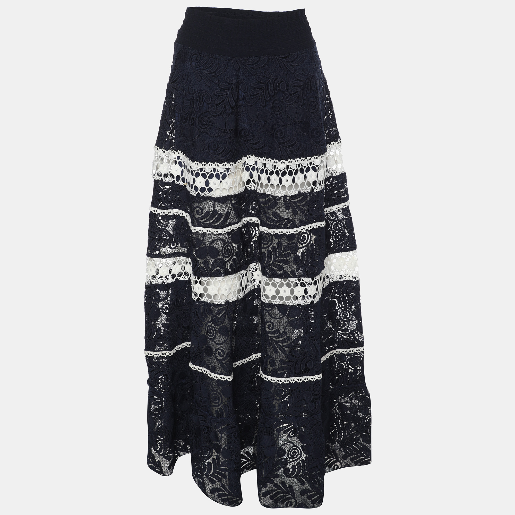 

Alexis Navy Blue/White Lace Embroidered Maxi Skirt L