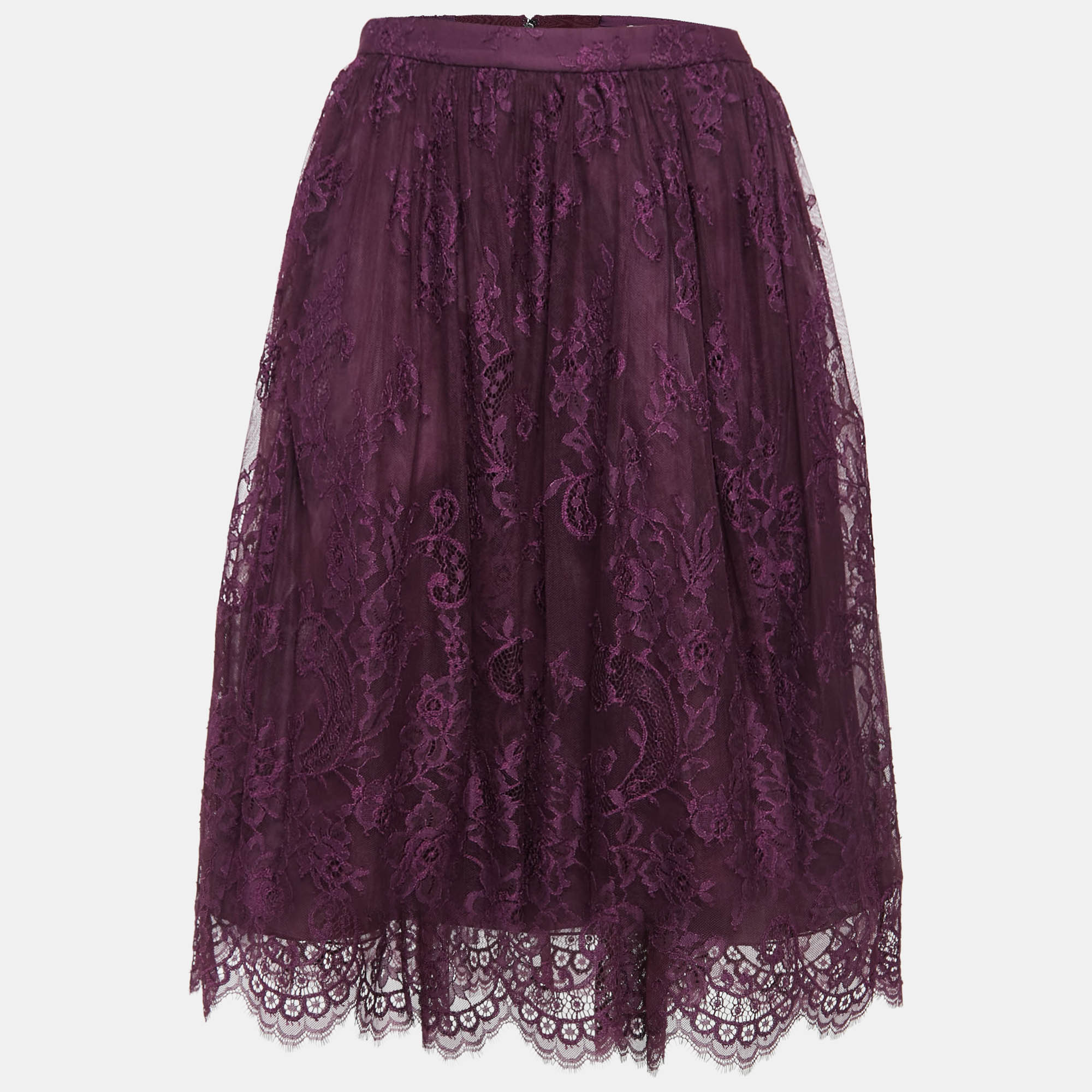 

Alice + Olivia Purple Floral Pattern Lace Scallop Hem Midi Skirt M