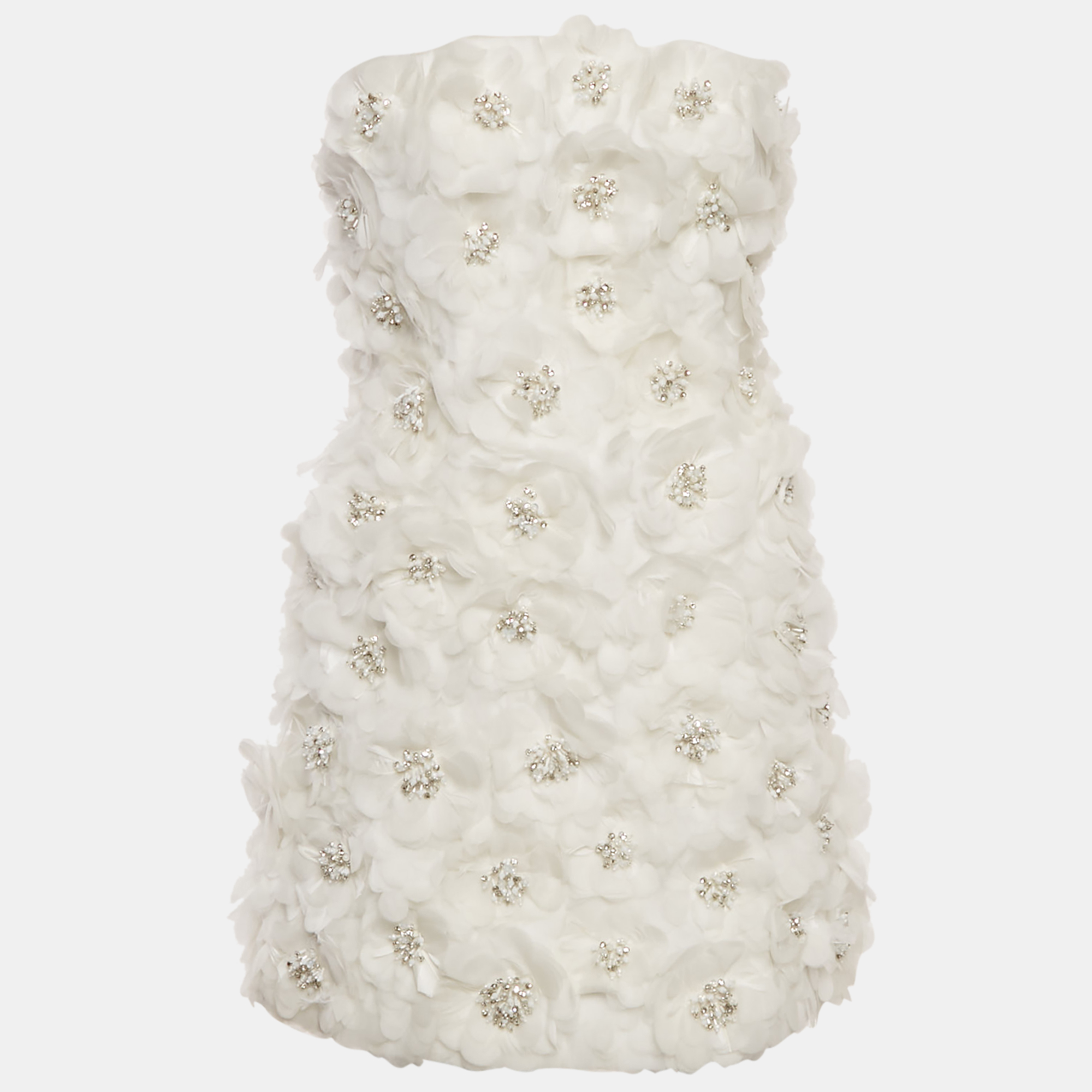 

Alice + Olivia White Embellished Floral Applique Nylon Feather Detail Strapless Mini Dress S