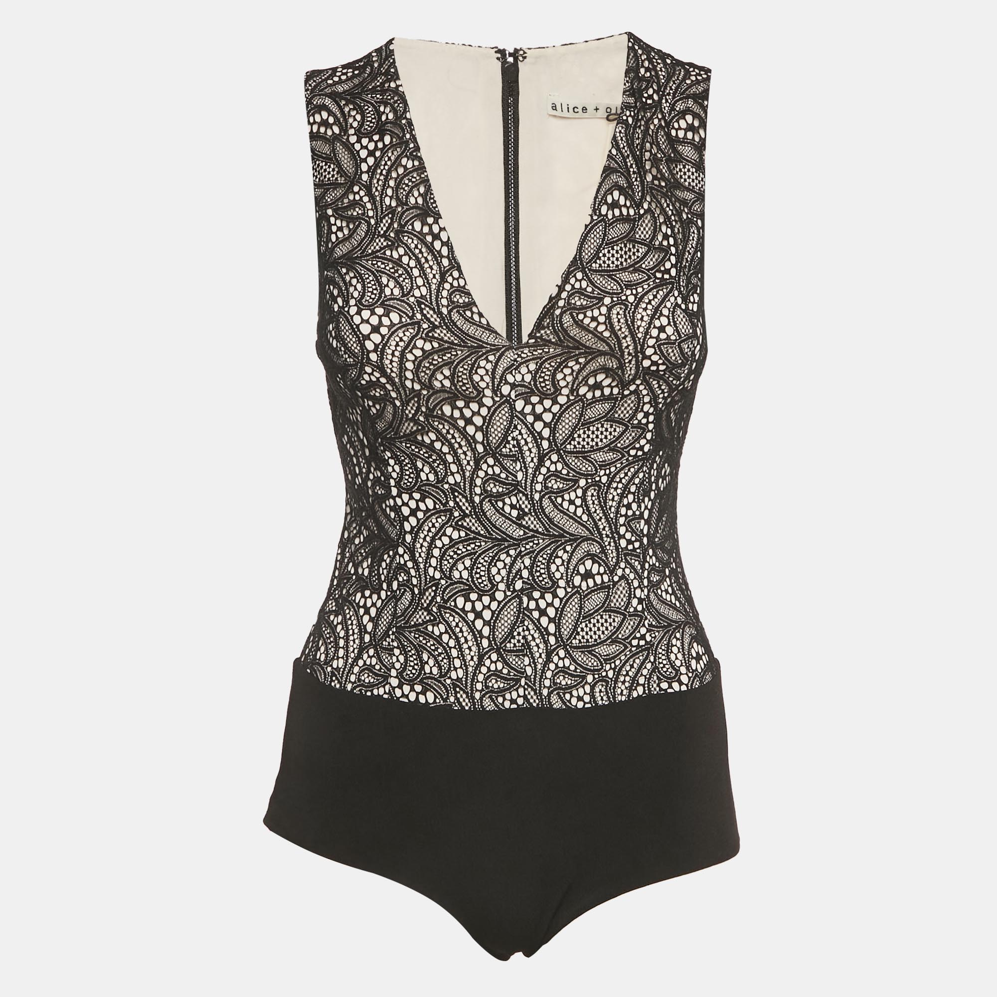 Pre-owned Alice And Olivia Black Zooey Lace V-neck Bodysuit Xs In Yellow