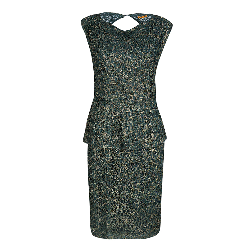 Pre Owned Alice + Olivia Green and Gold Cutwork Lace Shovan Peplum Dress M