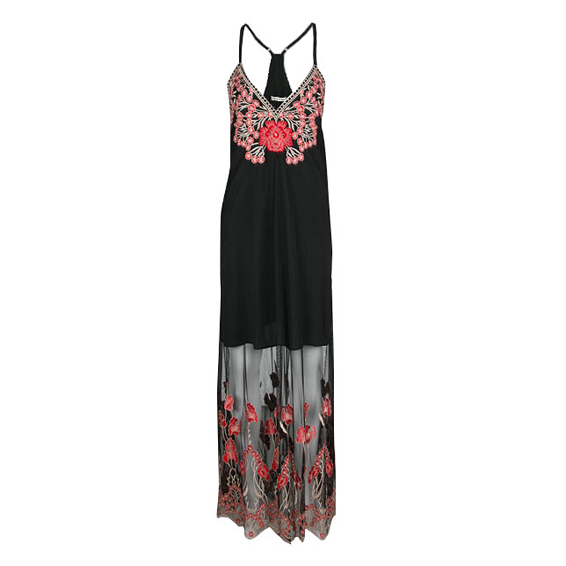 Pre Owned Alice + Olivia Black and Red Poppy Embroidered Tulle Sally Maxi Dress M