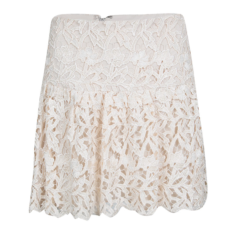 Pre Owned Alice + Olivia Cream Floral Lace Jayce Mini Skirt S