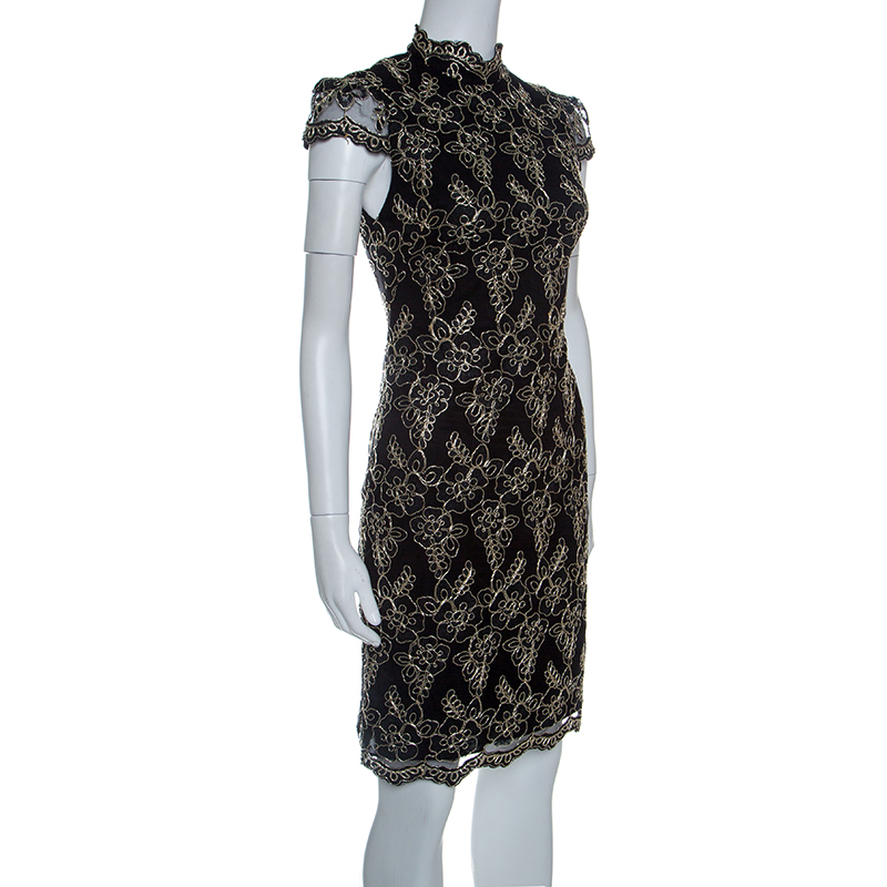 

Alice+Olivia Black Floral Embroidered Tulle High Neck Marya Dress