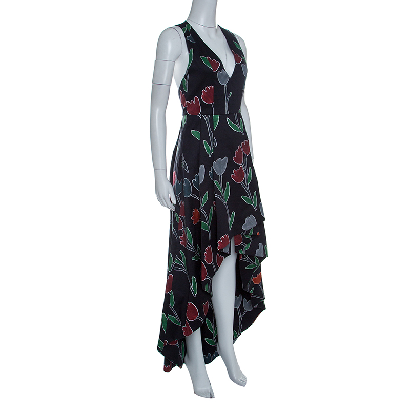 

Alice+Olivia Black Tulip Printed Cotton High Low Sleeveless Beckie Gown