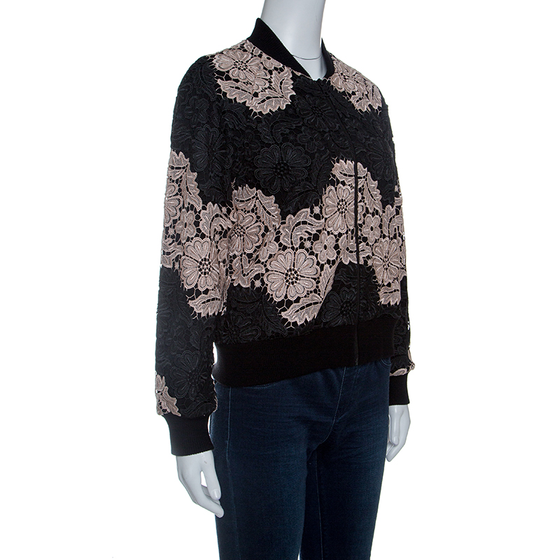 

Alice + Olivia Black and Pink Floral Guipure Lace Felisa Bomber Jacket