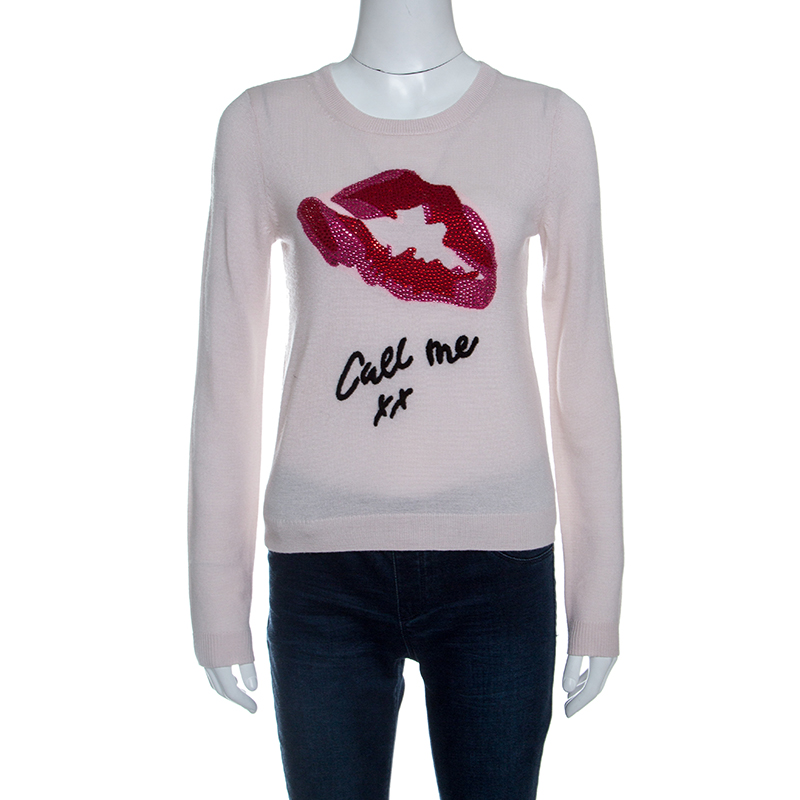 Alice + Olivia Blush Pink Wool Denny Strass Lip Slogan Sweater L
