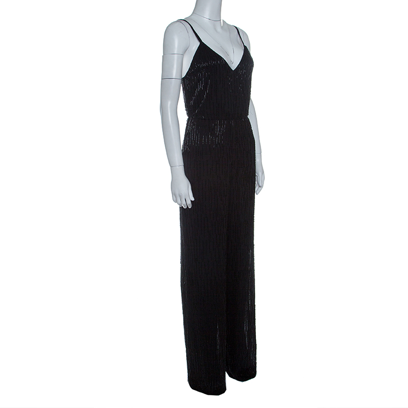 

Alice+Olivia Black Beaded Crepe Sleeveless Porsha Jumpsuit