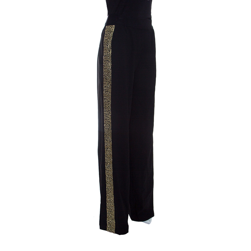 

Alice+Olivia Black Sequined Side Stripe Detail Linda Wide Leg Pants