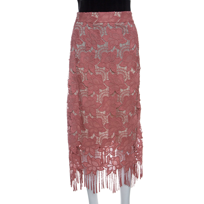 Pre Owned Alice + Olivia Dusty Pink Floral Lace Strand Pencil Skirt S