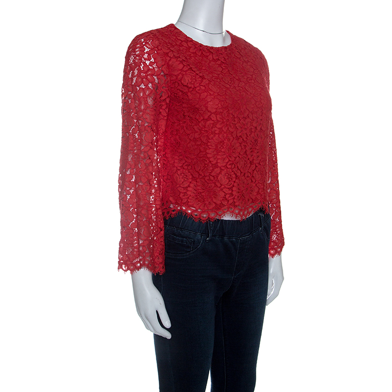 

Alice + Olivia Poppy Red Floral Lace Bell Sleeve Pasha Crop Top