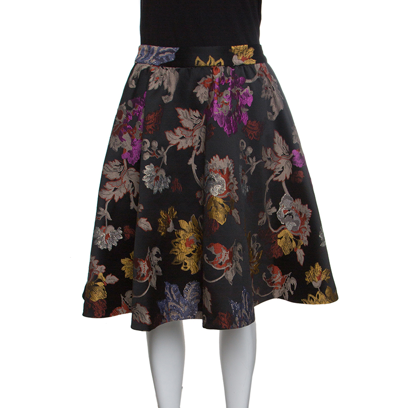 Pre Owned Alice + Olivia Black Floral Brocade High Waist Earla Flared Skirt S